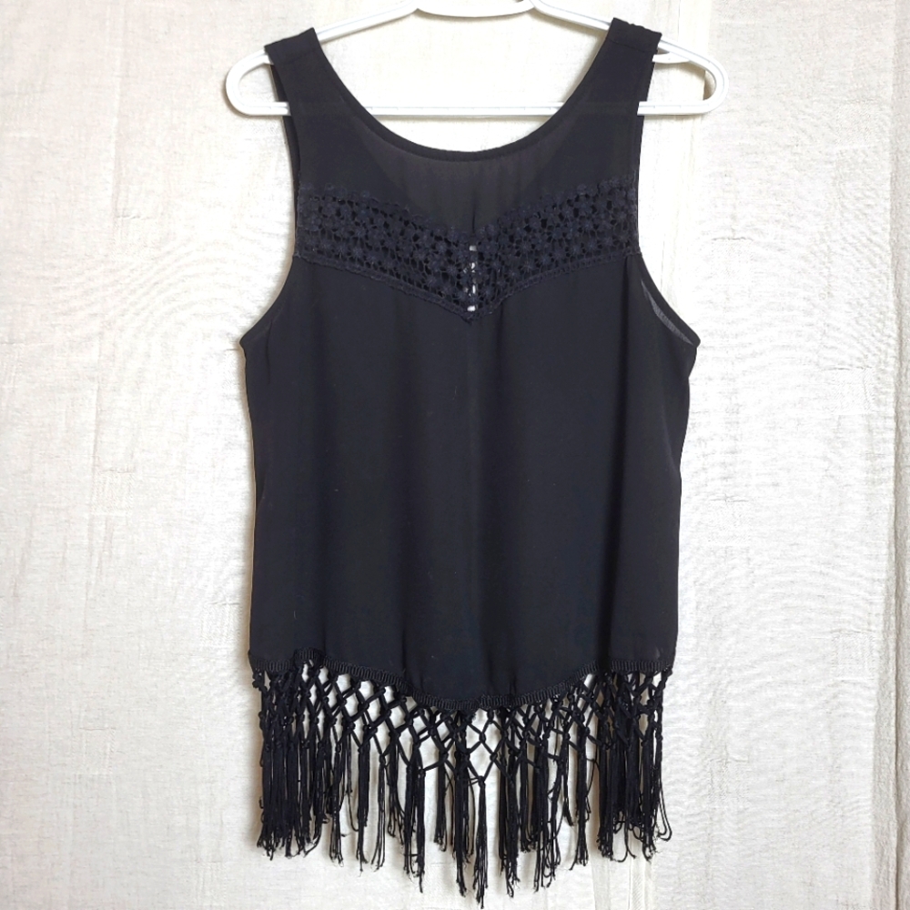 Monteau Women's L Sleeveless Blouse Top Black Crochet Lace Fringe Flowy Boho